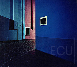 Color photo of a night view of a street on the island of Burano in Venice, Italy