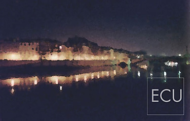 Color photograph and impressionistic view of Seine from Pont de l'Archev&ecirc;ch&eacute; looking east toward Ile St. Louis in winter at night in Paris, France