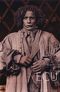 Color photo of a man dressed as Beethoven in front of the Doges Palace near Piazza San Marco during Carnevale in Venice, Italy