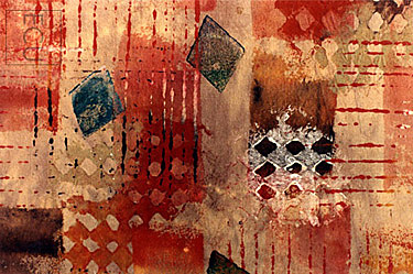 Color photograph of Venetian fabric in an abstract pattern of red, green and black